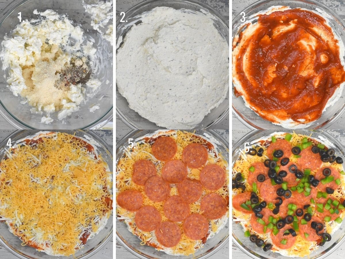 collage of 6 photos showing How to make pizza dip