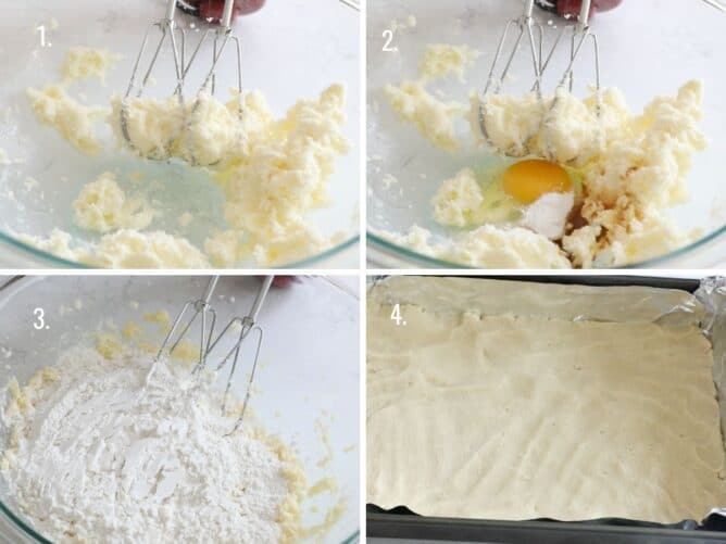 collage of photos showing how to make sugar cookie bars