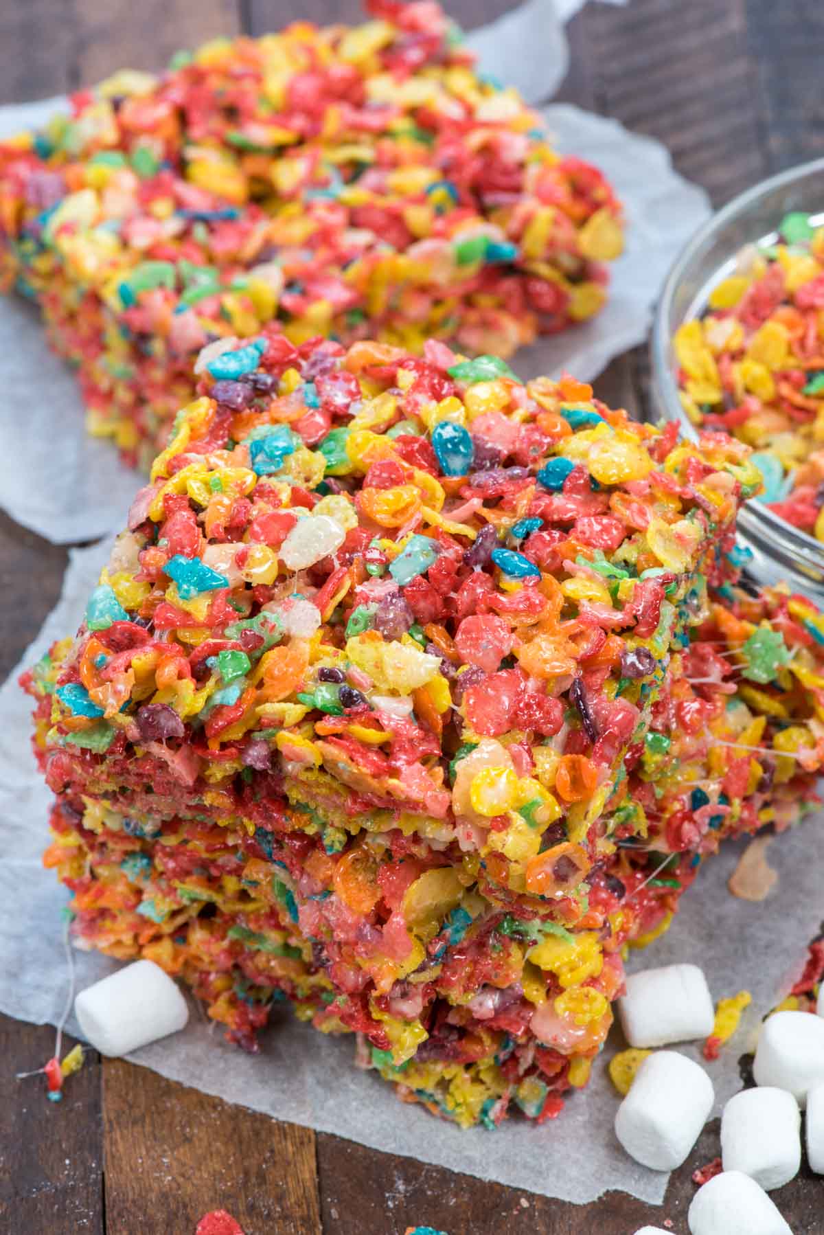 stack of fruity pebble Krispie treats