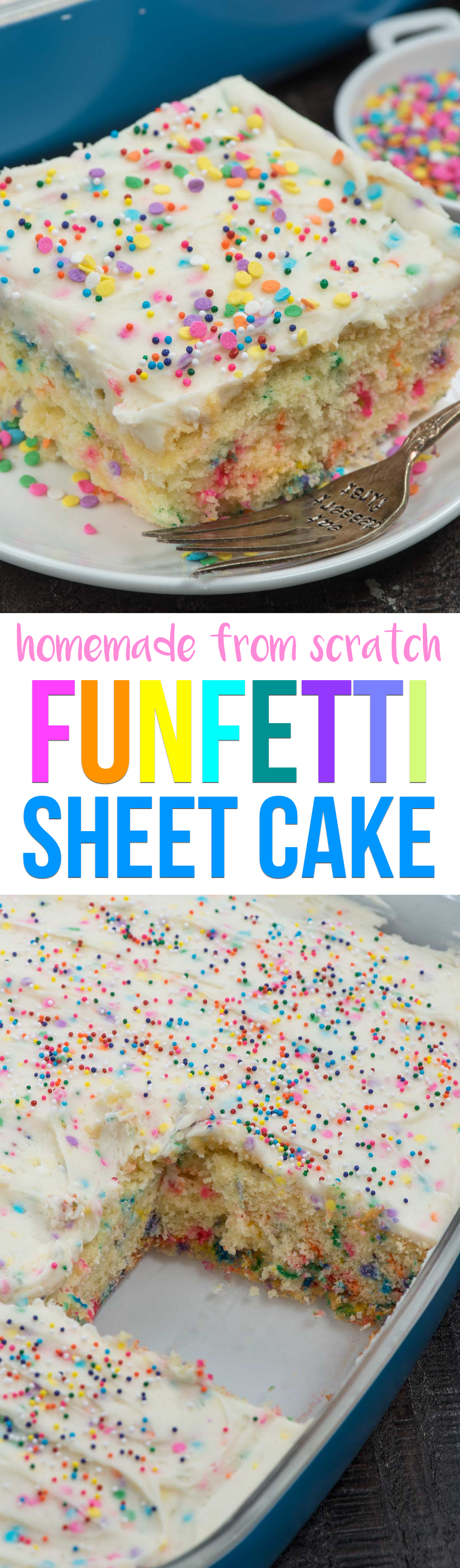 A from scratch Homemade Funfetti Cake is the perfect cake for any birthday or occasion! Fluffy white cake mix is full of sprinkles, topped with a heavenly sprinkle buttercream frosting!