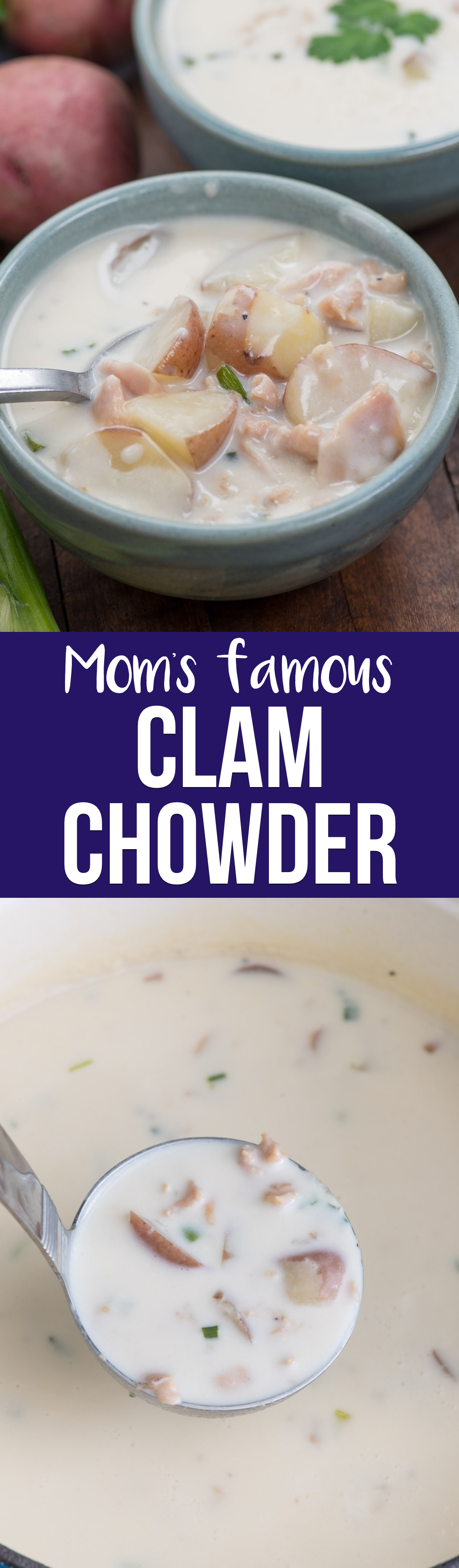 My Mom's Clam Chowder Soup Recipe is the BEST ONE you'll ever eat. This New England Clam Chowder is creamy and full of clams and potatoes and delicious flavor.