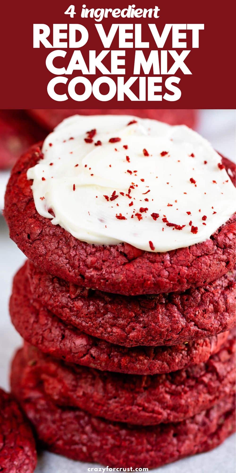 stack of red velvet cookies the top one has frosting