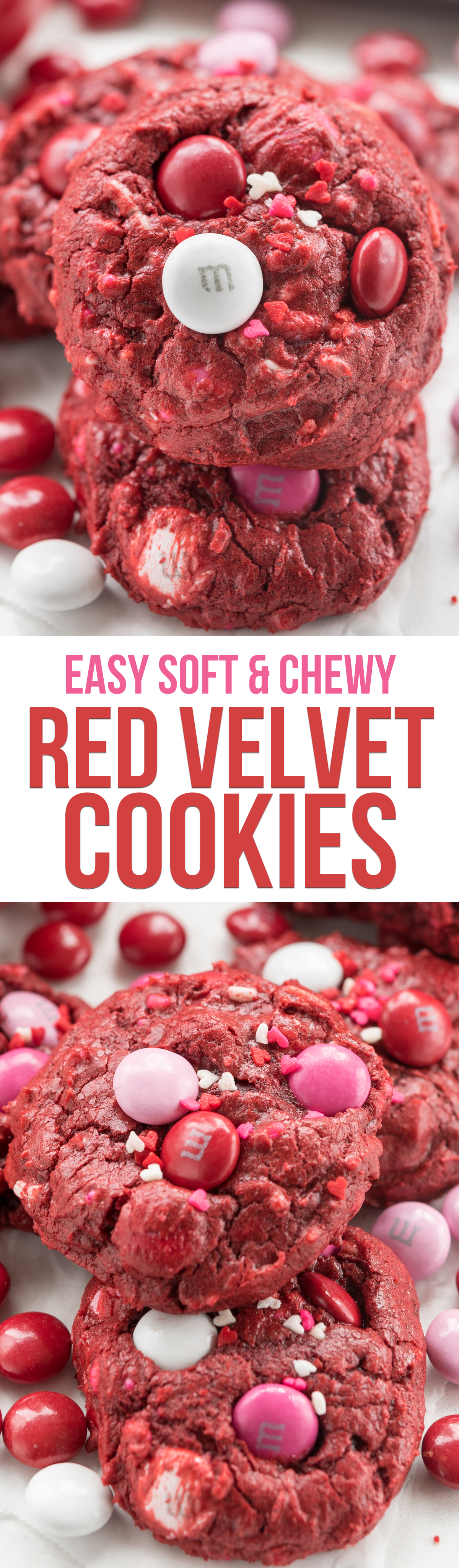 Easy Red Velvet Cookie Recipe - this fun cookie is soft and chewy and gooey too, and perfect with M&Ms. They're good all year round but red velvet cookies are perfect for Valentine's Day!