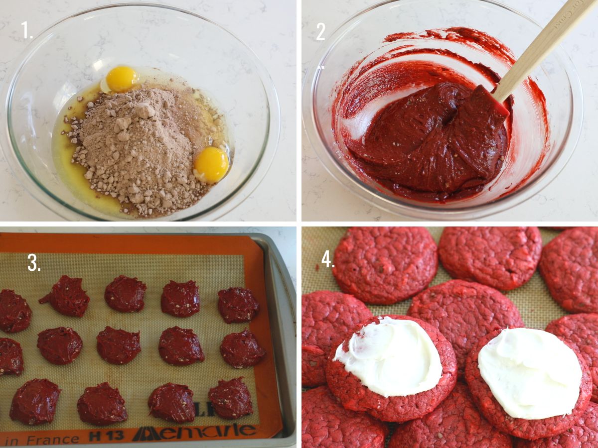 4 photos showing how to make red velvet cake mix cookies