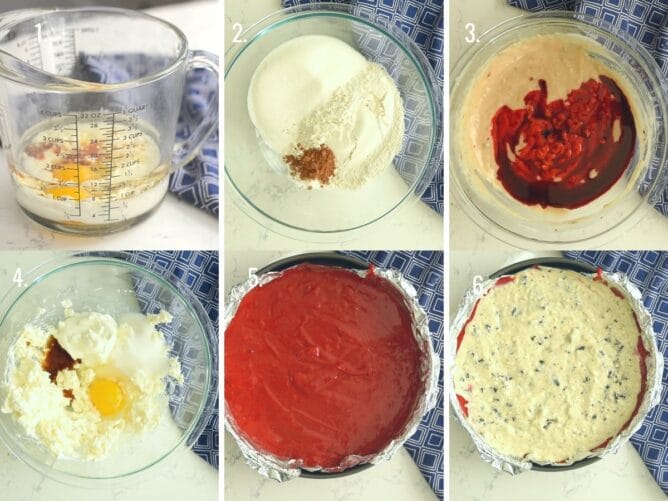 6 photos showing how to make red velvet cheesecake cake