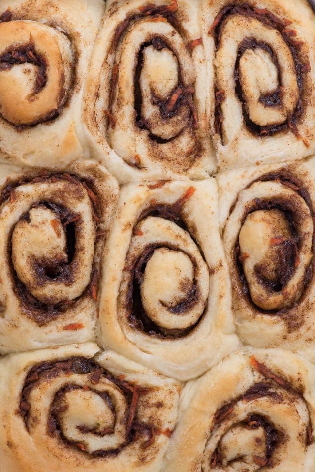 overhead shot of pan of unfrosted cinnamon rolls