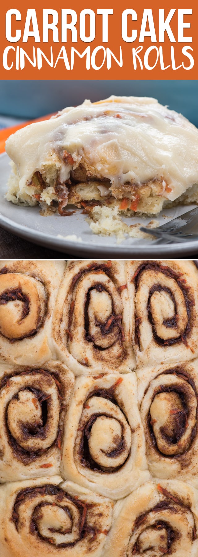 Carrot Cake Cinnamon Rolls start with the best cinnamon roll dough and are filled with a carrot cake brown sugar filing. These are soft and perfect with cream cheese frosting.