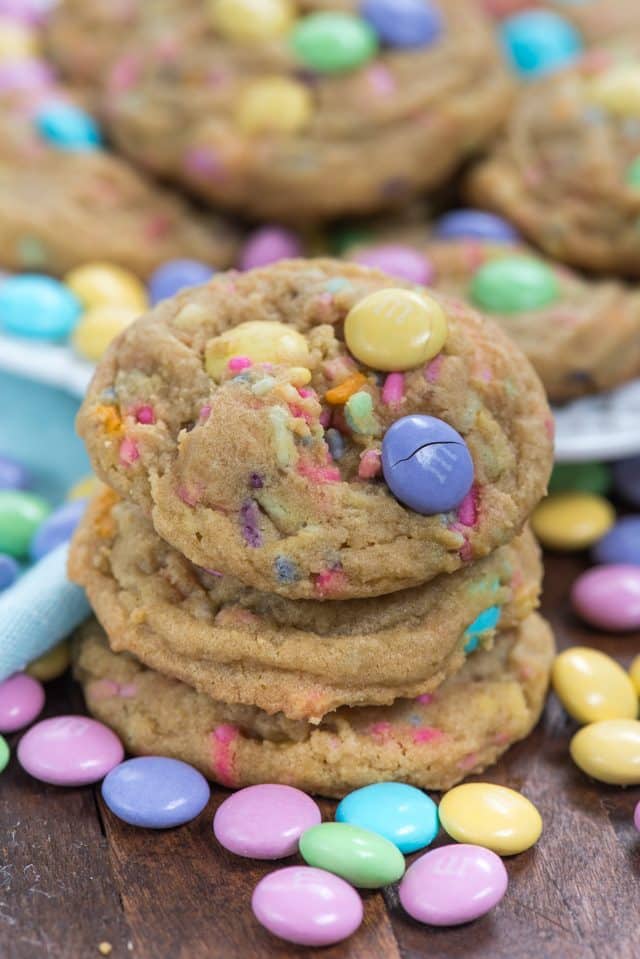 stack of M&M cookies