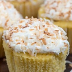 unwrapped coconut cupcake up close