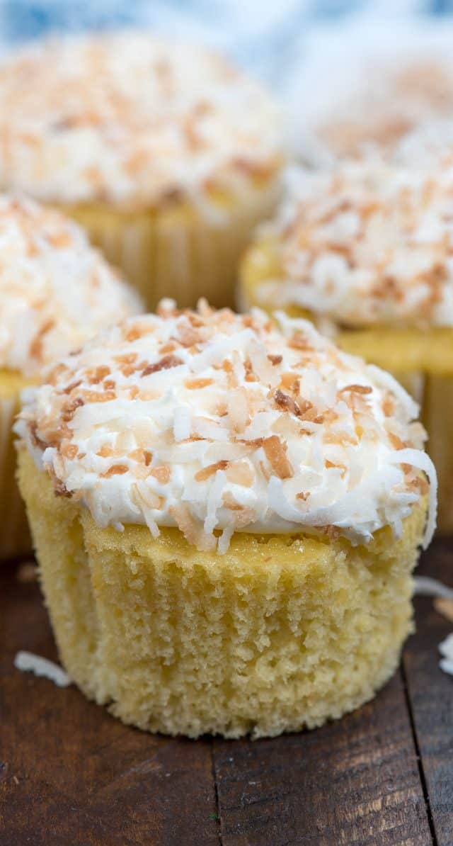 unwrapped coconut cupcake up close