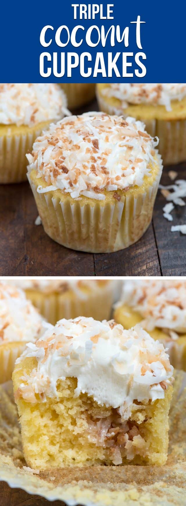 collage of triple coconut cupcakes