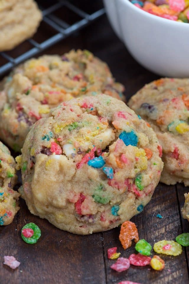 pile of fruity pebble pudding cookies on table