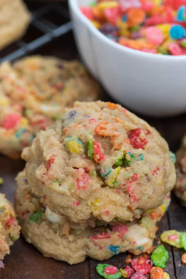 stack of two fruity pebble pudding cookies on table