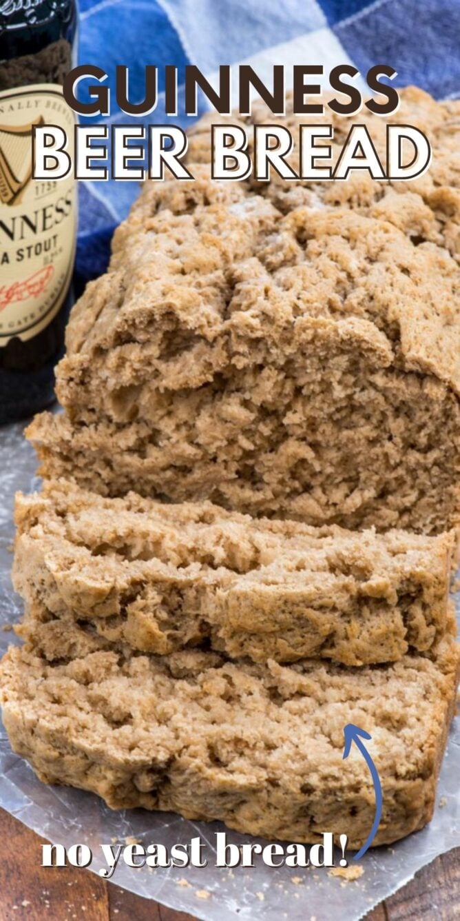 loaf of beer bread sliced with words on photo