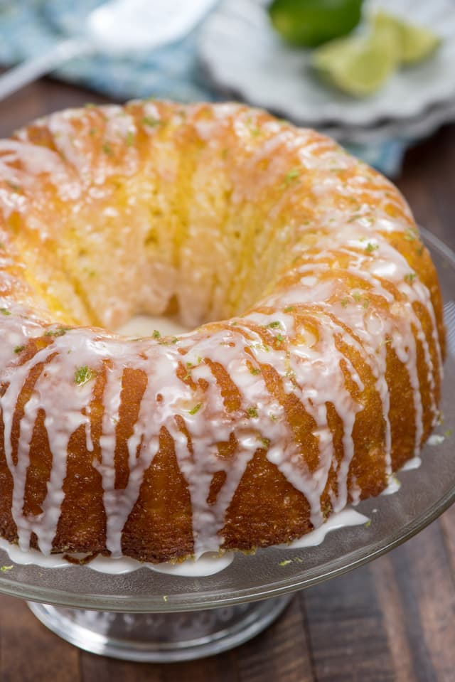 key lime bundt cake on cake stand