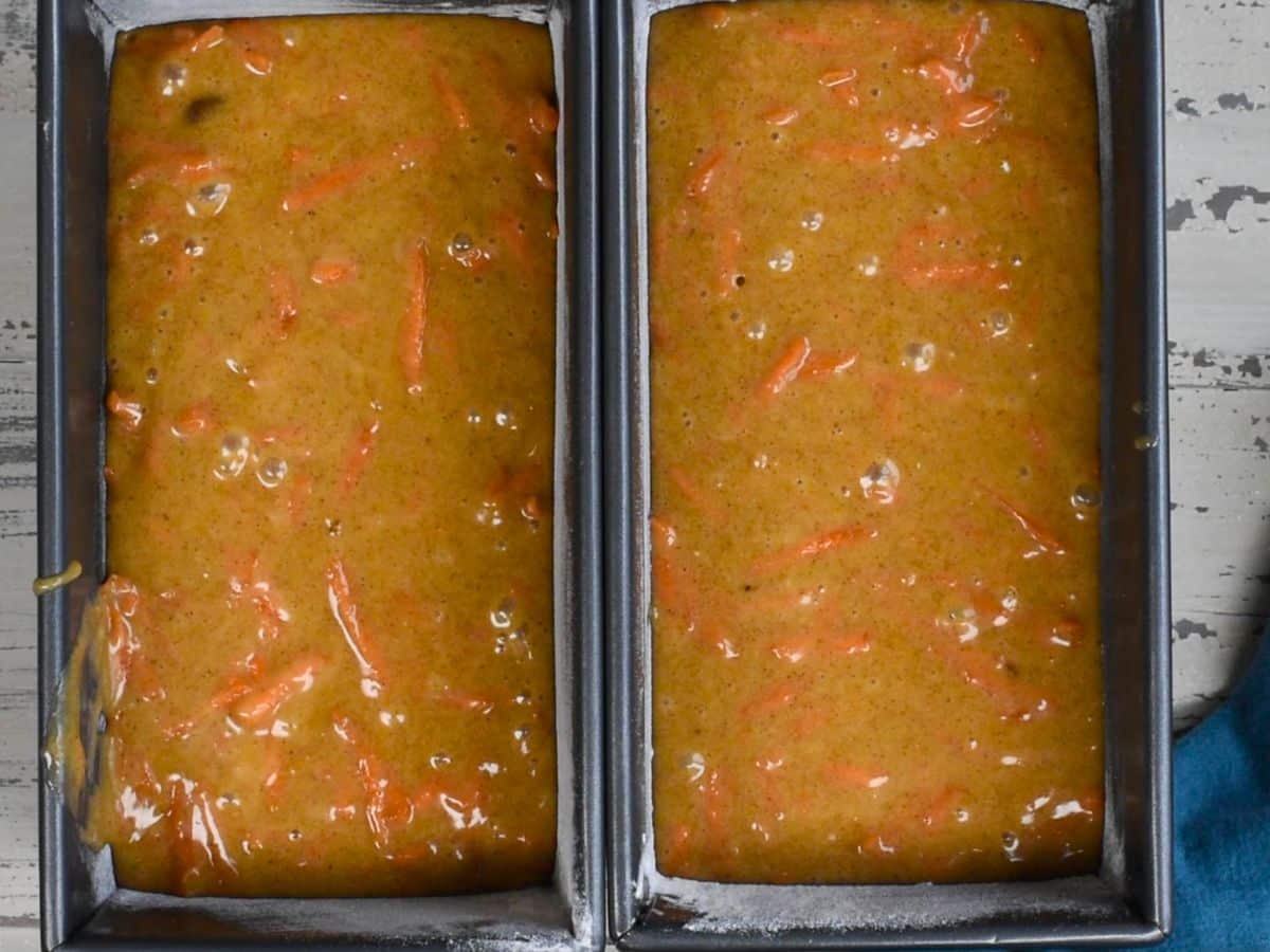 batter in 2 loaf pans.