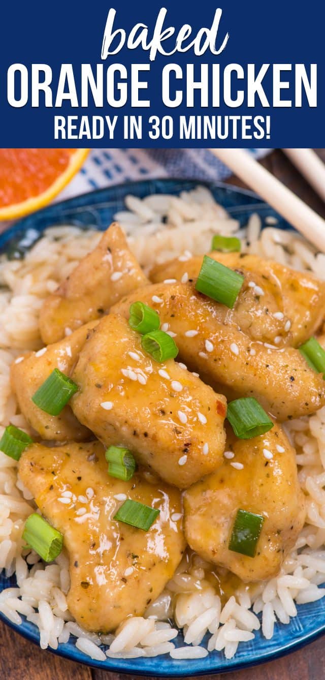 orange chicken on a blue plate with rice