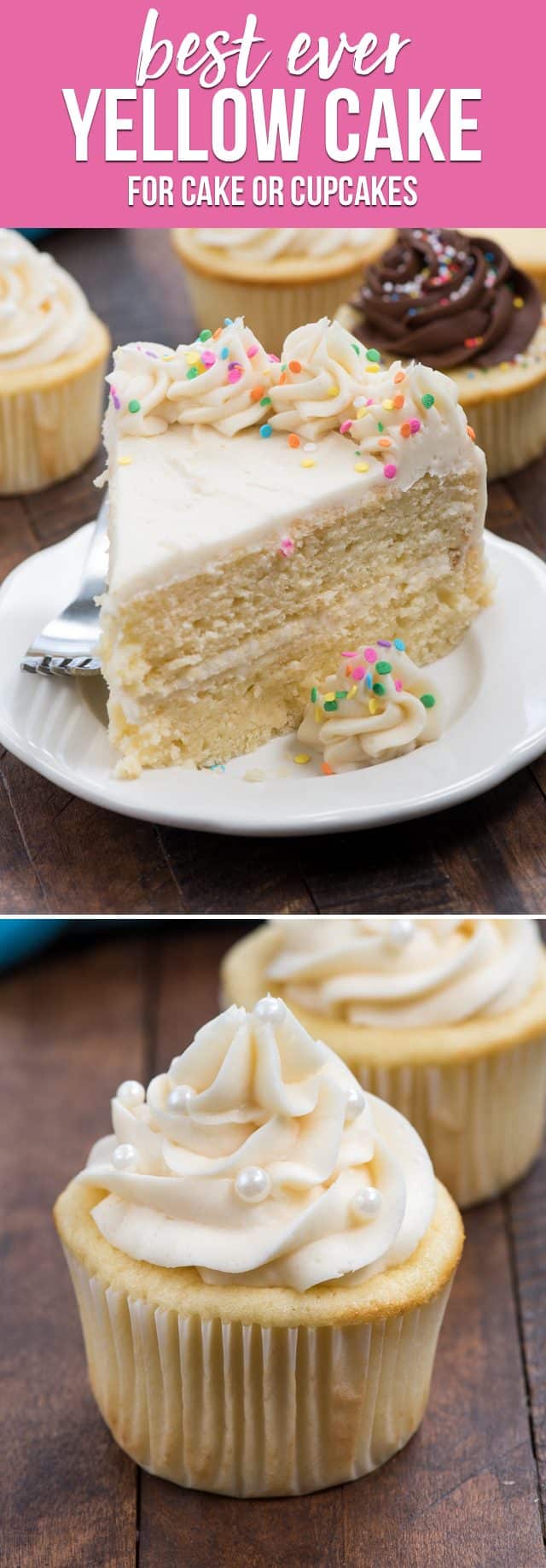 collage of white cake and cupcakes
