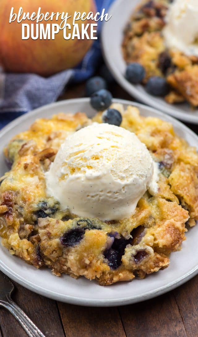 dump cake on white plate with ice cream