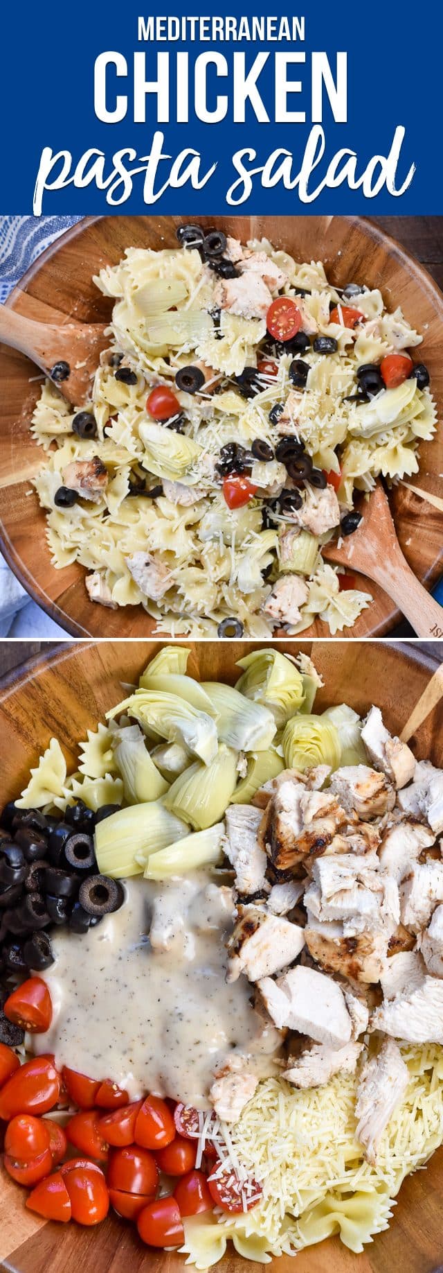 An Easy Creamy Mediterranean Chicken Pasta Salad is the perfect lunch or dinner for summer. Grilled chicken is mixed with a creamy parmesan garlic dressing for the perfect combination of mediterranean flavors.