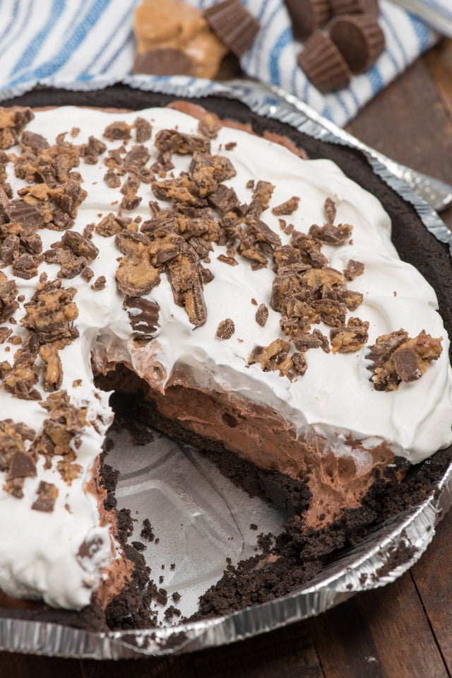 overhead shot of peanut butter pie with slice missing