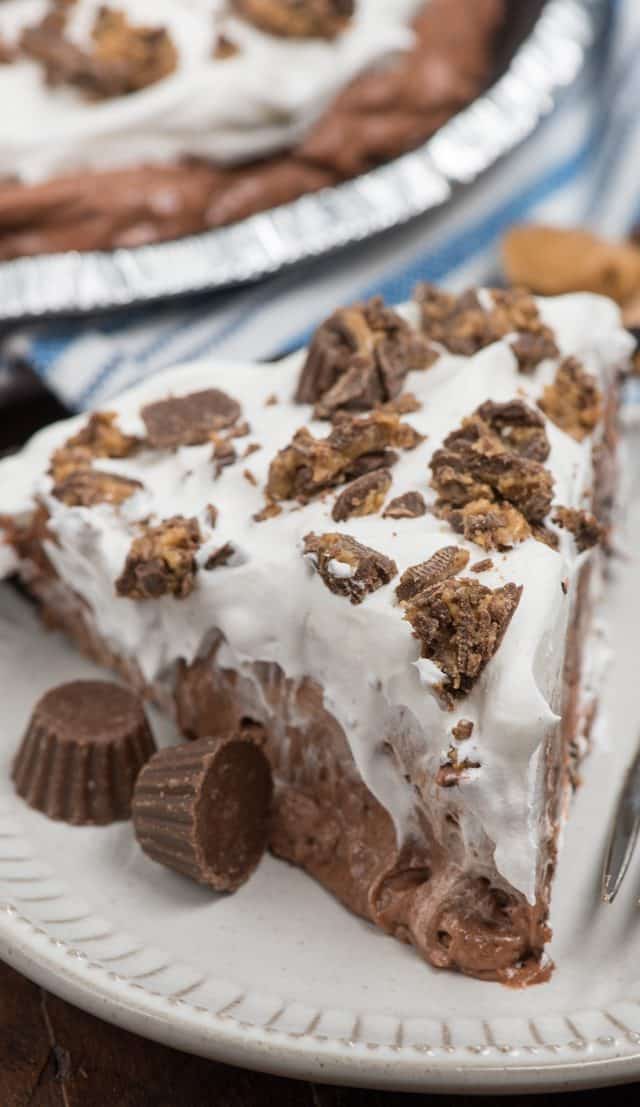 slice of chocolate pb pie on white plate