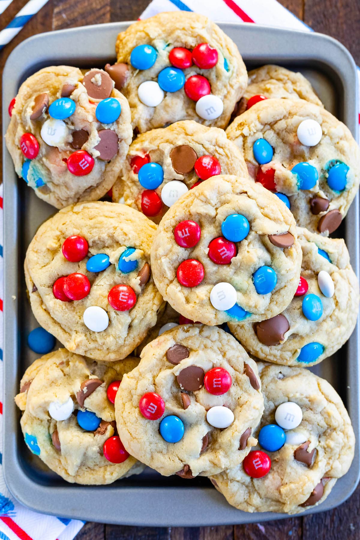 chocolate chip cookies and red white and blue m&ms baked in.