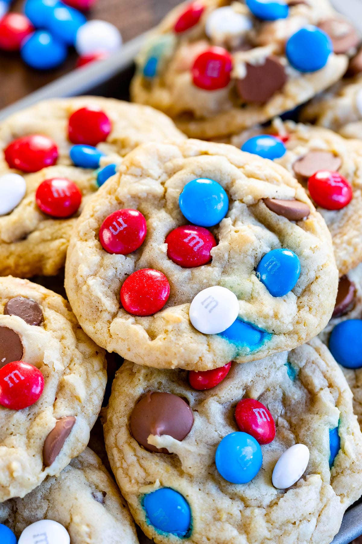 chocolate chip cookies and red white and blue m&ms baked in.