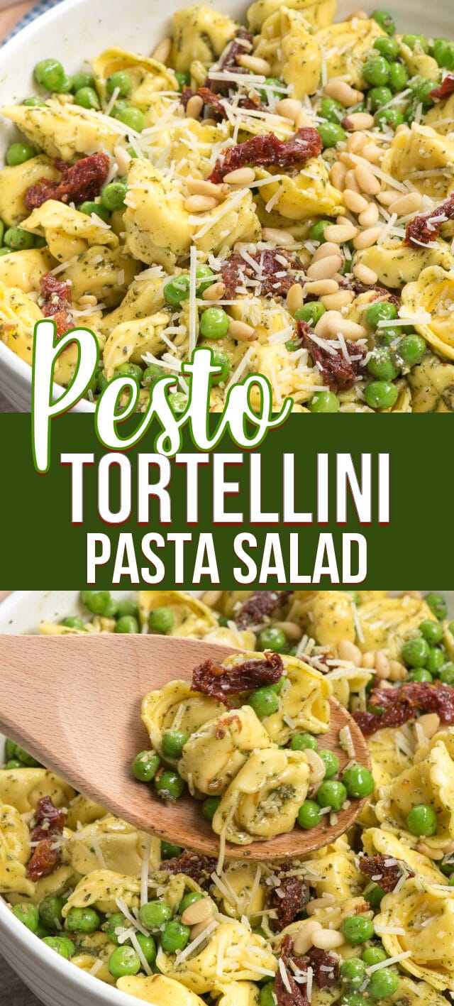 collage of pesto pasta salad recipe photos