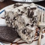 slice of oreo fluff pie on white plate