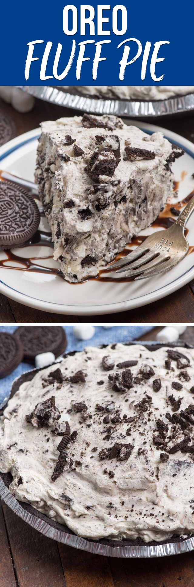 Oreo Fluff Pie is an easy no bake pie recipe with Oreo crust and full of Oreos, pudding, and marshmallows! It's a fluff salad in a pie crust!