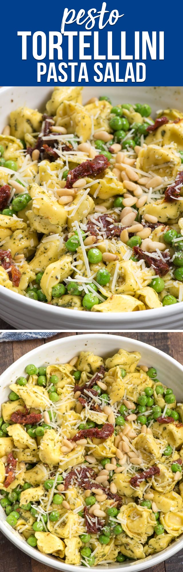 Pesto Tortellini Salad is the perfect pasta salad! Filled with cheese tortellini and peas it's coated with pesto and sun-dried tomatoes! Everyone always raves about this recipe!