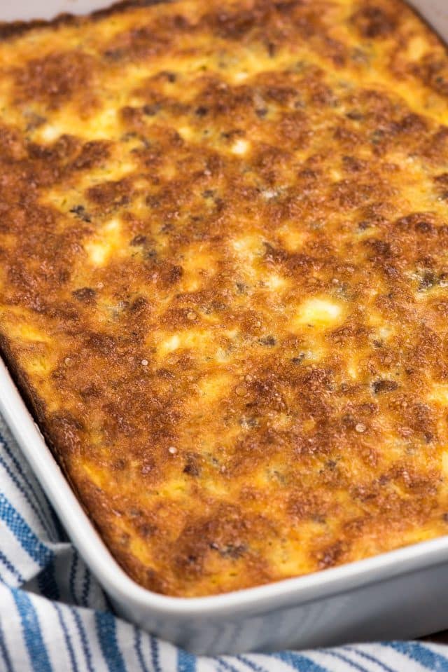 overhead shot of sausage egg casserole in pan