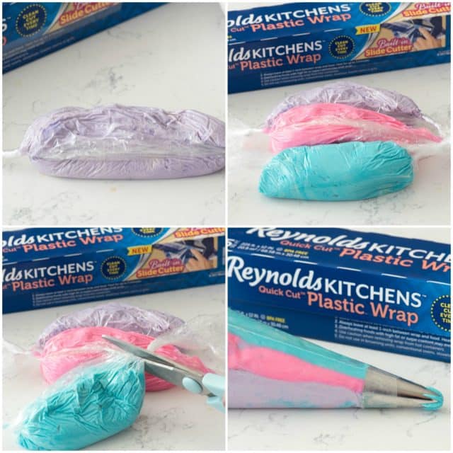 collage showing using Reynolds plastic wrap to fill a pastry bag with swirl frosting