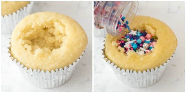 collage of vanilla cupcakes being filled with sprinkles