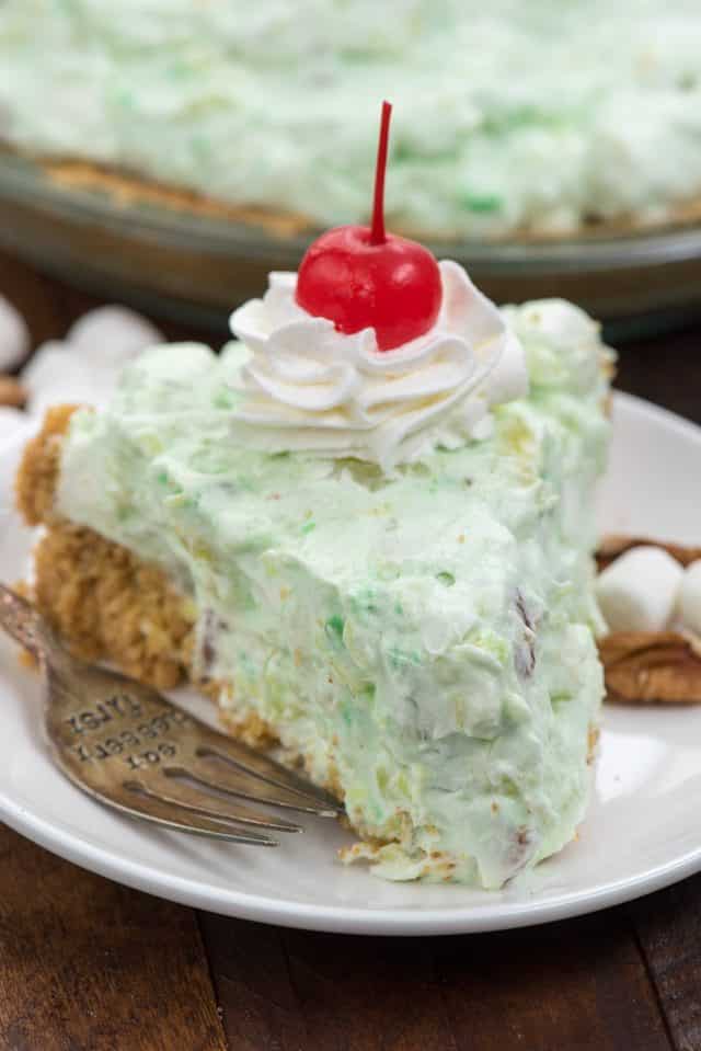 slice of Watergate salad pie on white plate