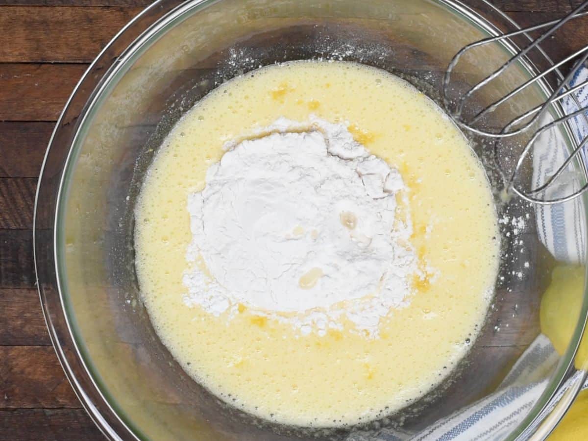 beaten eggs in large bowl with other cake ingredients.