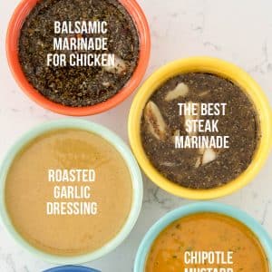 overhead shot of sauces in bowls