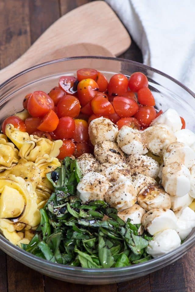 overhead shot of tortellini caprese pasta salad