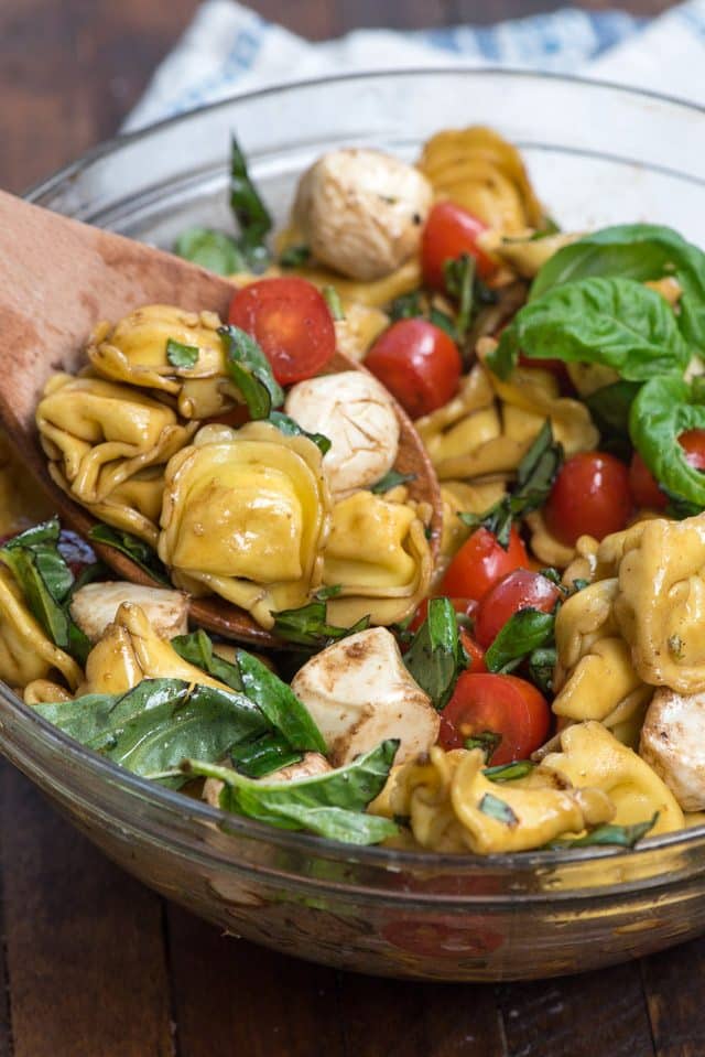 overhead shot of tortellini caprese pasta salad