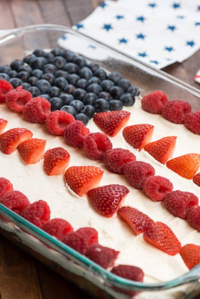 Flag Cake in a glass baking dish