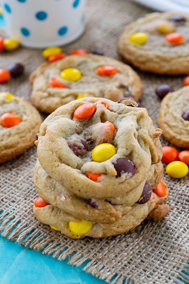 stack of Reeses pieces cookies