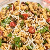 overhead shot of pasta salad in bowl
