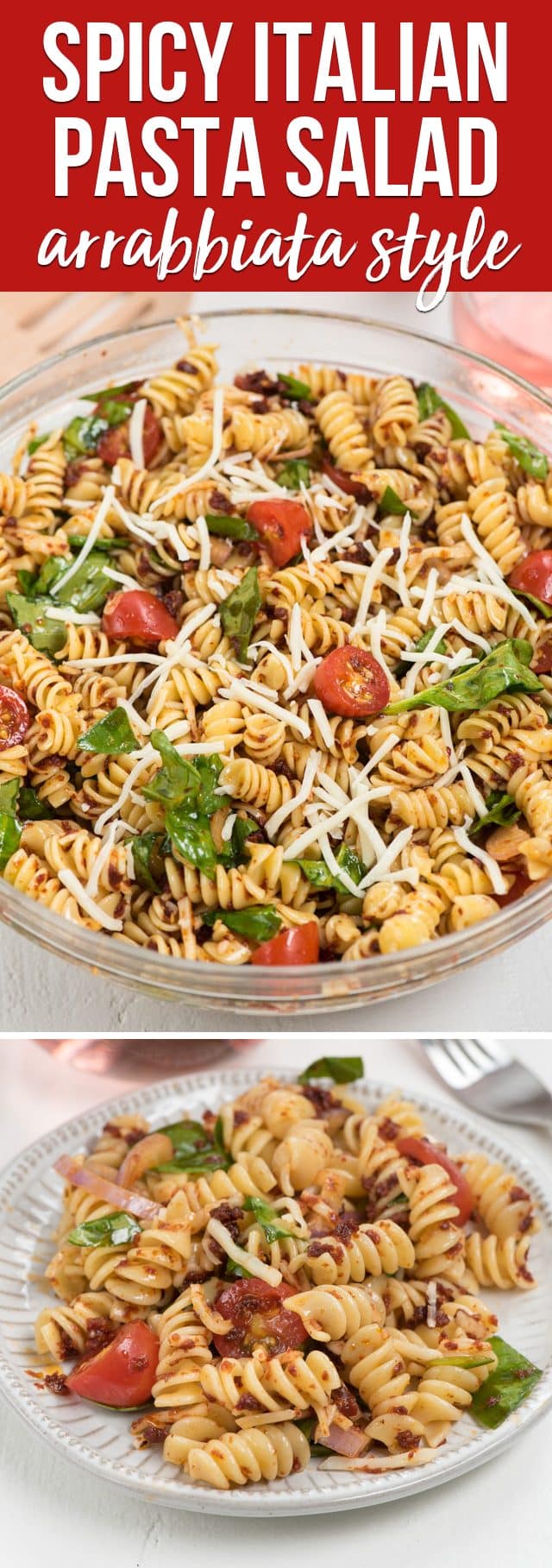 collage photos of spicy Italian pasta salad