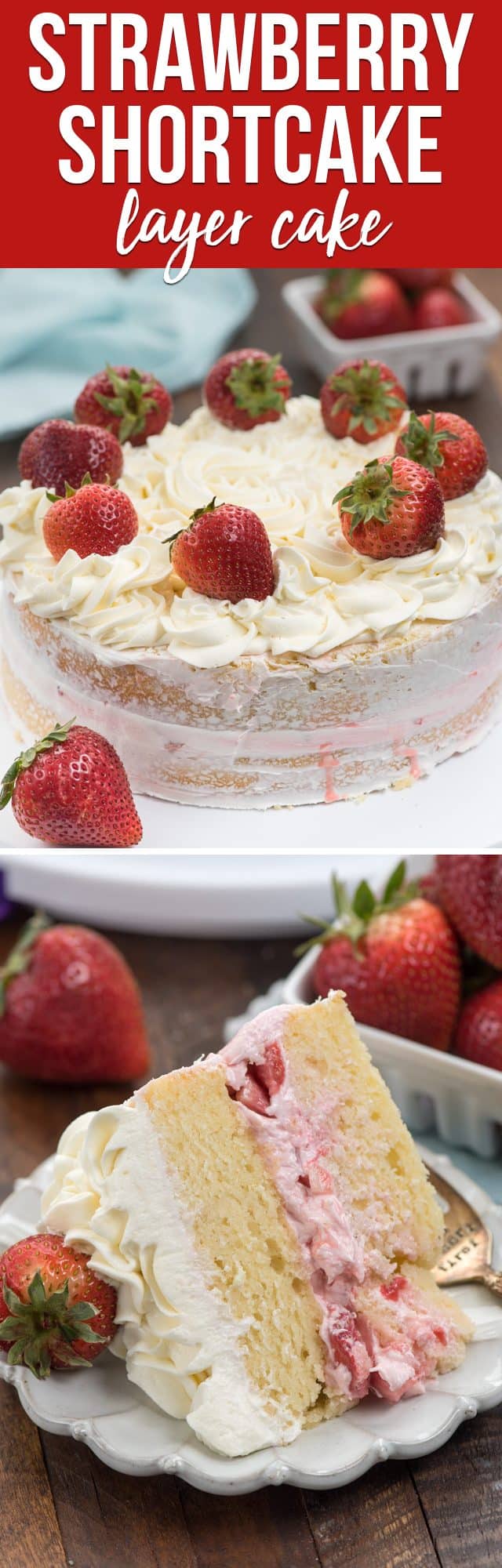 collage of strawberry shortcake layer cake photos