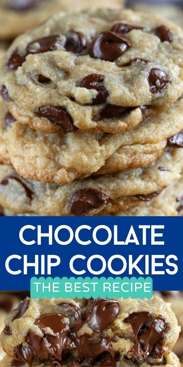 stack of 4 chocolate chip cookies on top with one cut in half on bottom