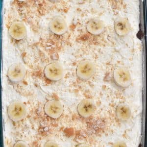 overhead shot of banana pudding cake