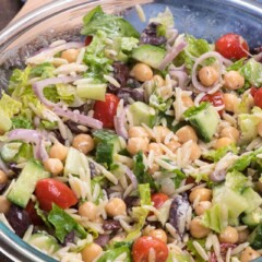 overhead shot of greek pasta salad bowl