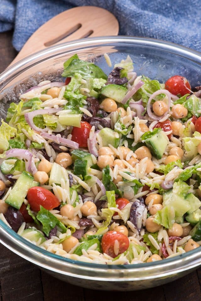 overhead shot of greek pasta salad bowl