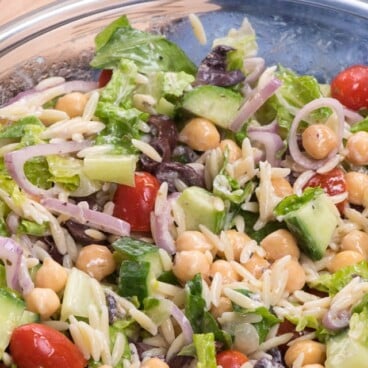 overhead shot of greek pasta salad